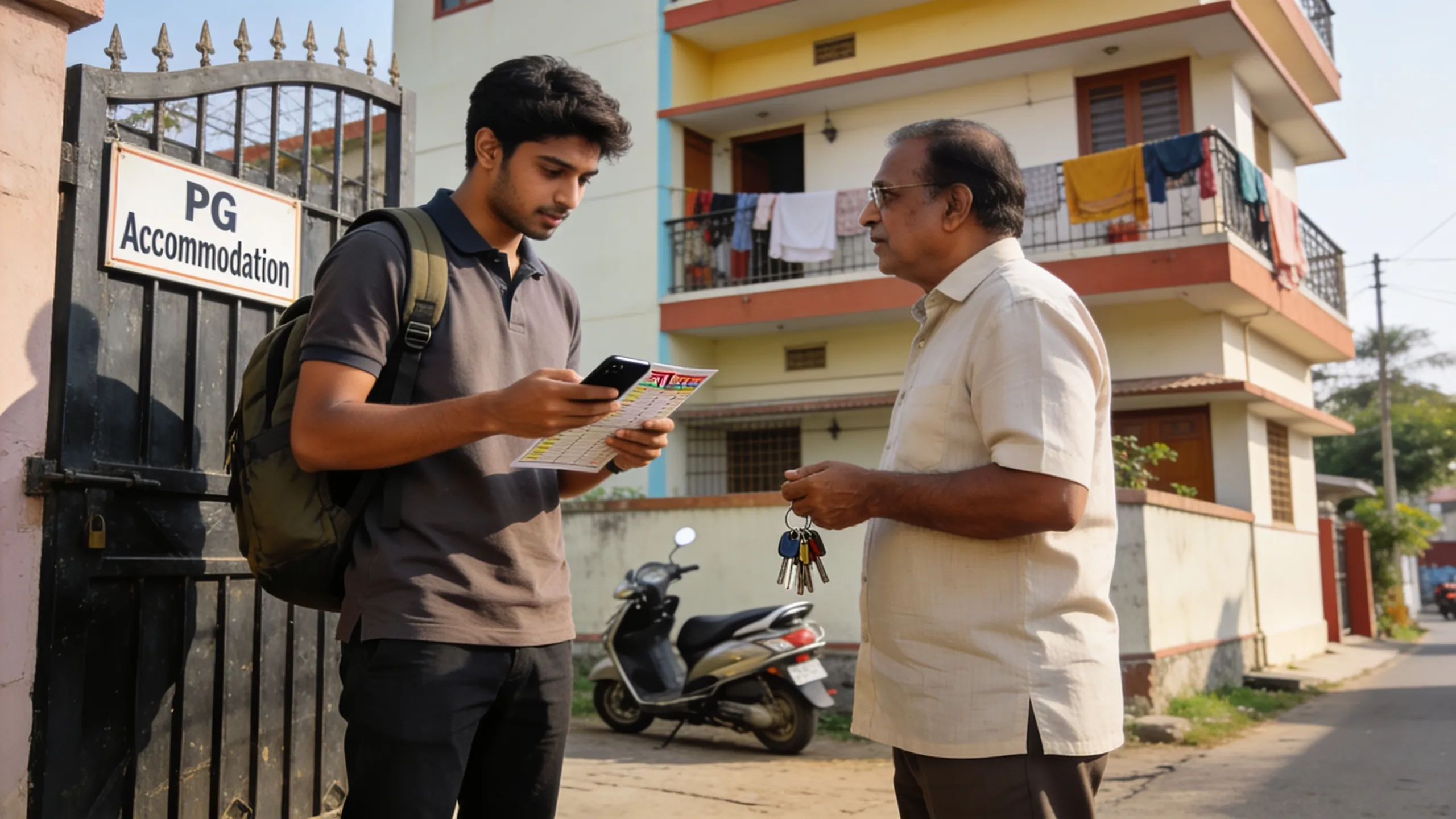 Indian student talking to PG owner about rent at hostel entrance India