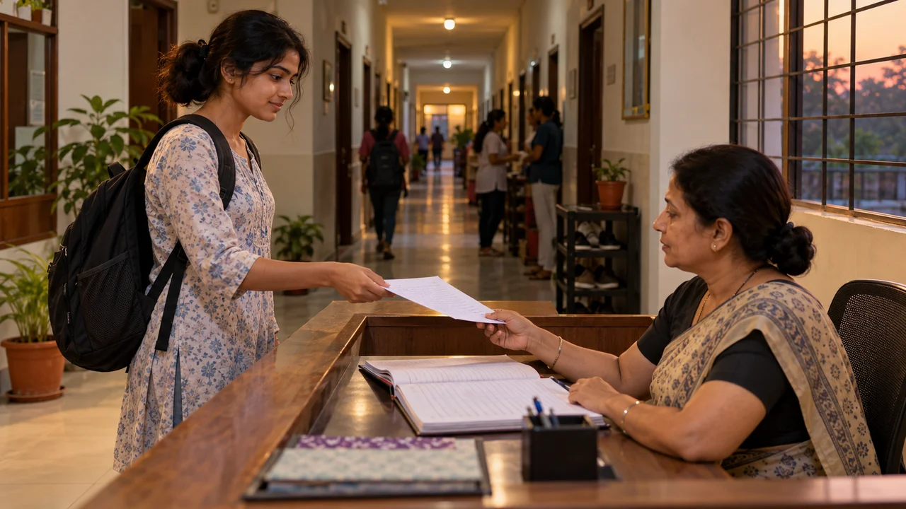 An Indian college student hands a signed night out permission letter to the warden at a hostel reception desk, with a packed backpack on her shoulder.