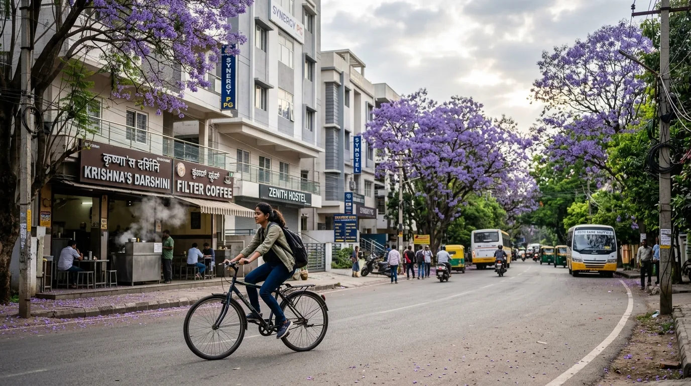 Student cycling past a Darshini eatery and PG buildings under jacaranda trees on a Bangalore street