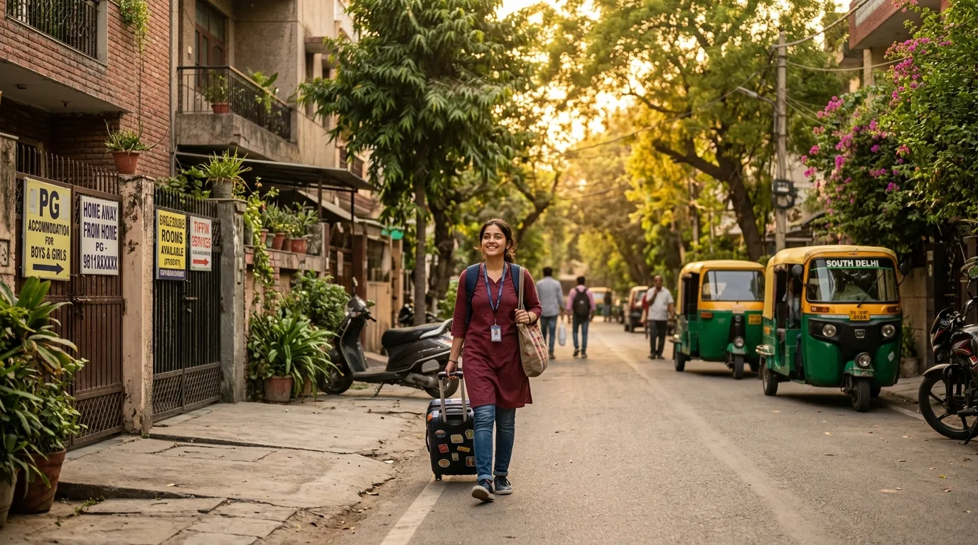 Student walking with a suitcase past PG accommodation signboards on a tree-lined residential lane in South Delhi at golden hour