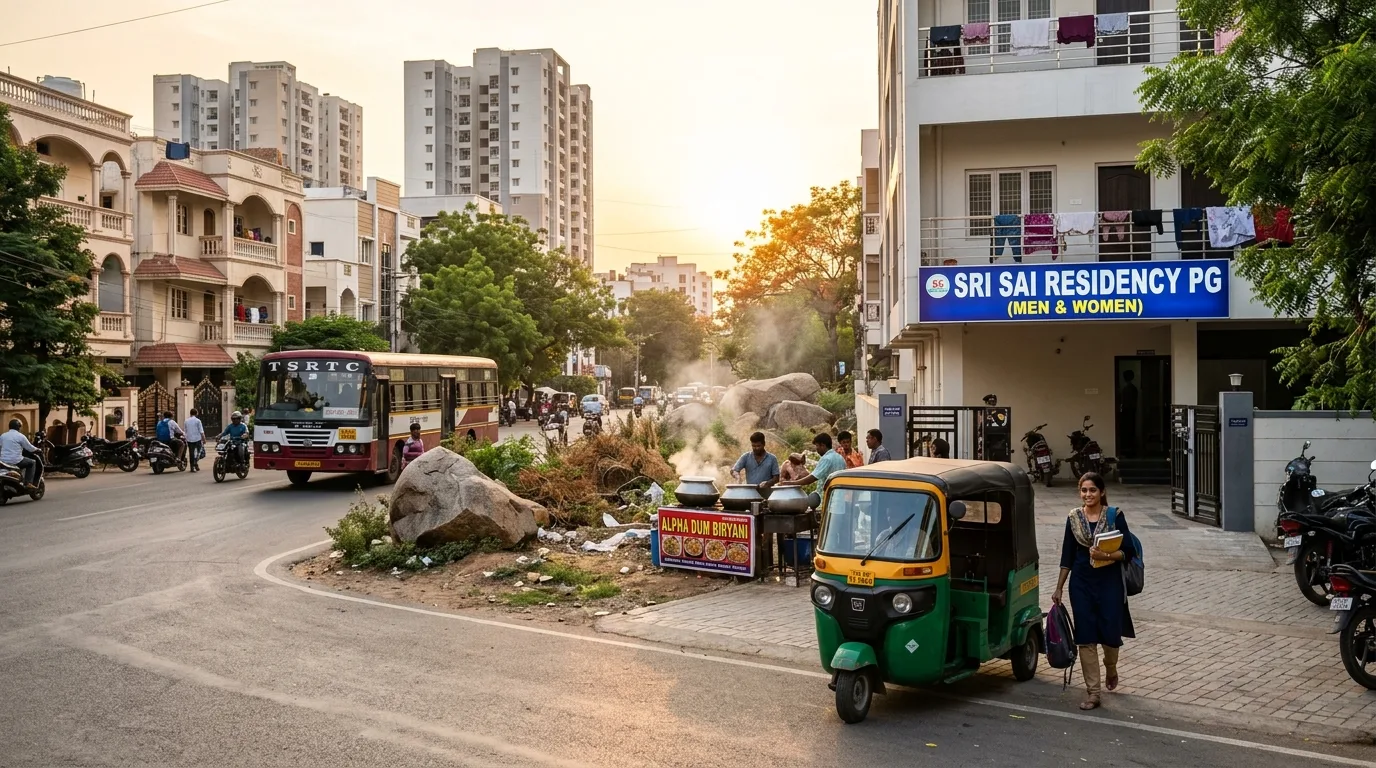 Student stepping out of an auto-rickshaw near a PG residency with a TSRTC bus and biryani stall in Hyderabad at sunset
