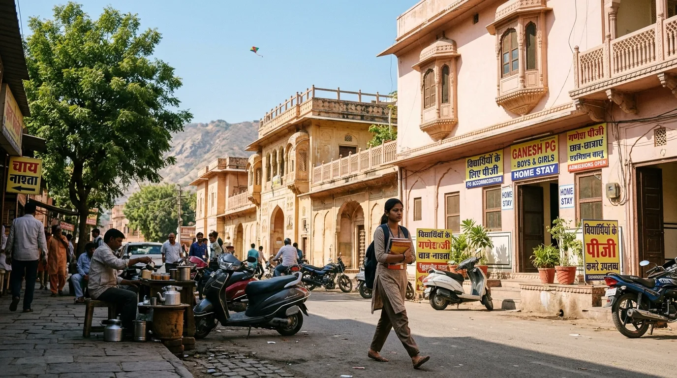 Student walking past sandstone PG buildings with Rajasthani signboards and a chai vendor on a Jaipur street with Aravalli hills in the distance