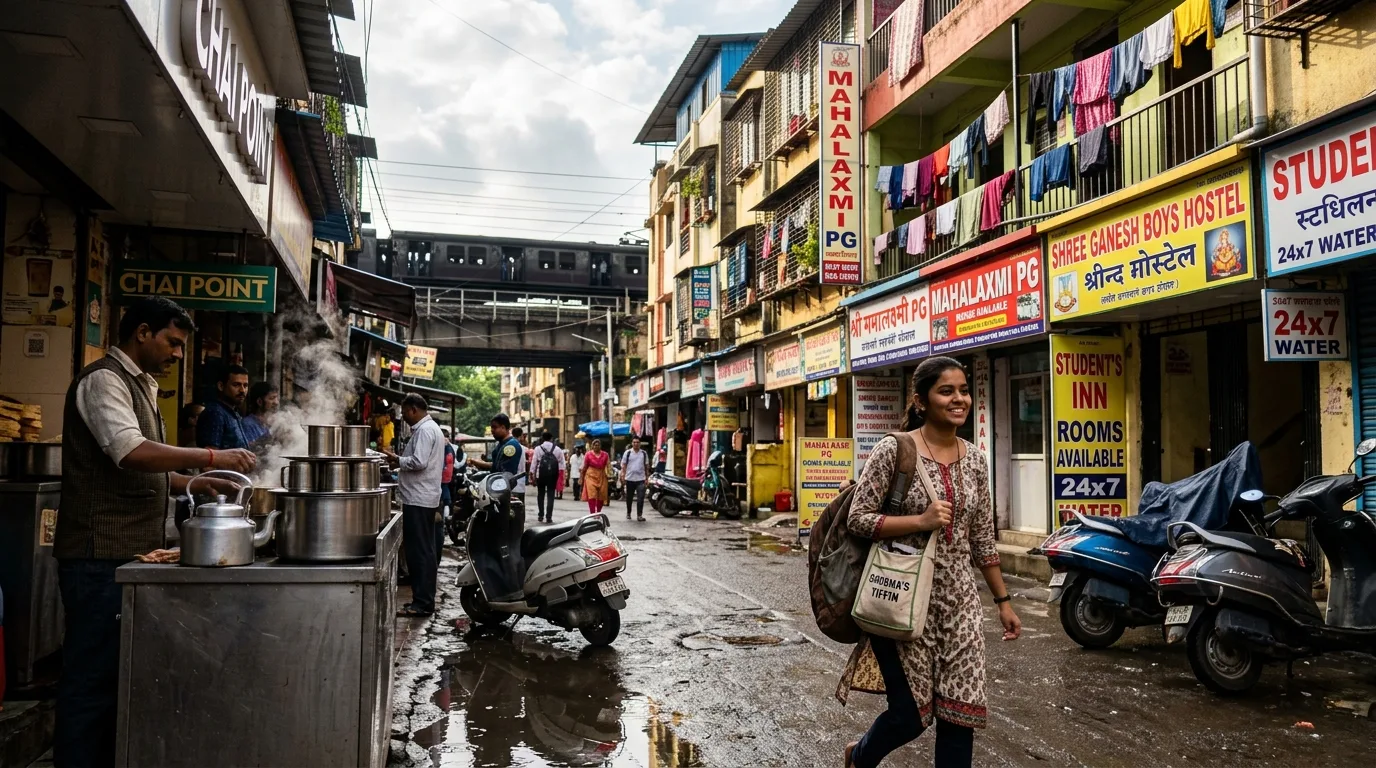 Student carrying a tiffin bag past colourful PG name-boards in a suburban Mumbai lane with a local train overpass in the background