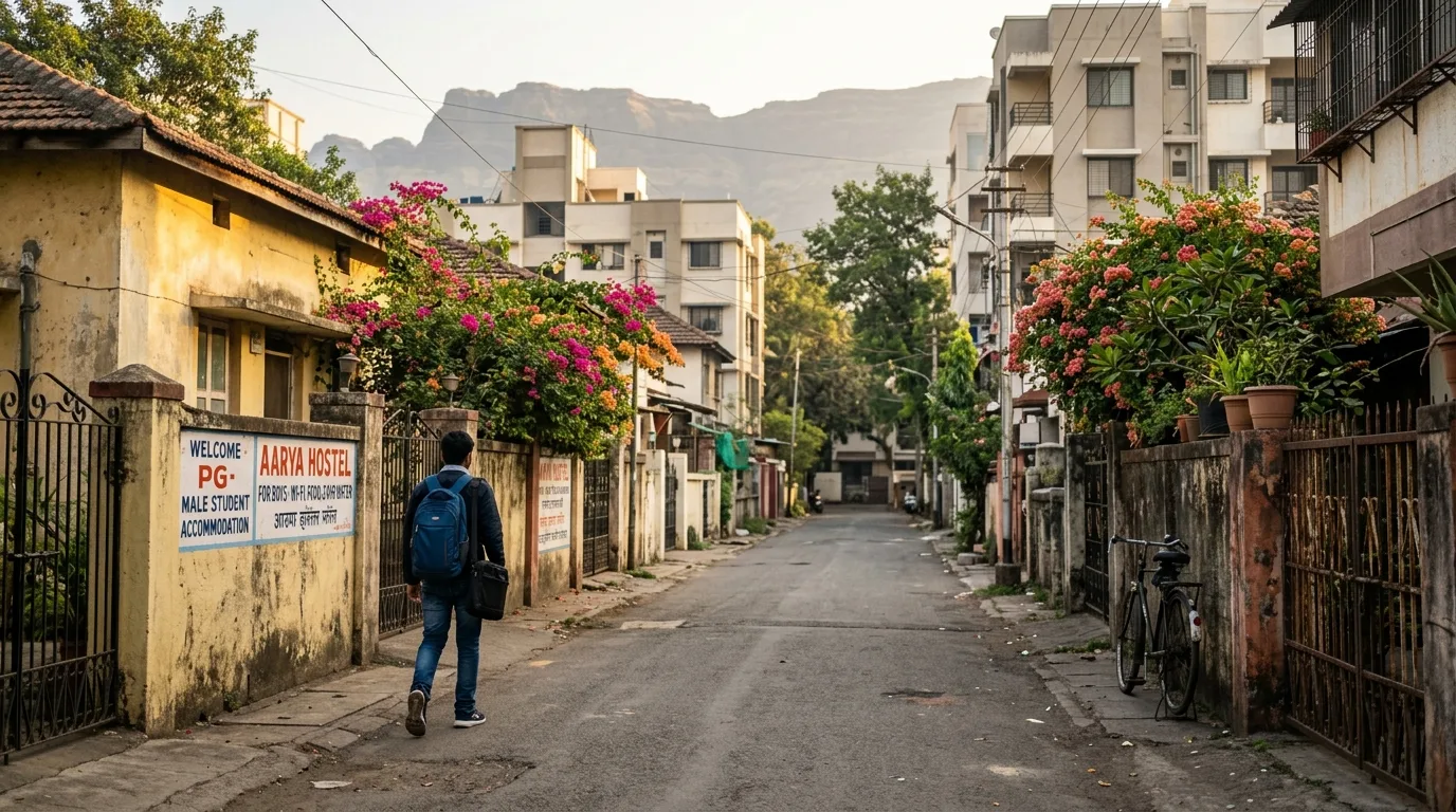 Student with a laptop bag walking past PG hostels and bougainvillea-covered bungalows on a quiet Pune lane with Western Ghats in the background