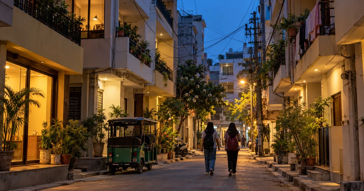 A narrow north Delhi residential lane at dusk lined with four-storey buildings with small balconies and potted plants, warm lit ground-floor shopfronts, overhead cables, an e-rickshaw and two young women with backpacks walking away from the camera.