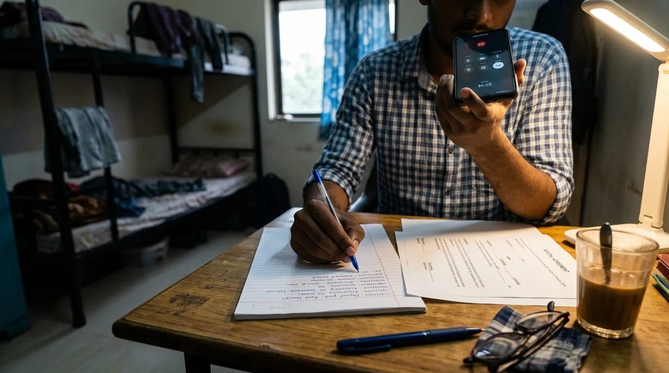 Student on a phone call writing a dated list of complaint points beside a printed rental agreement