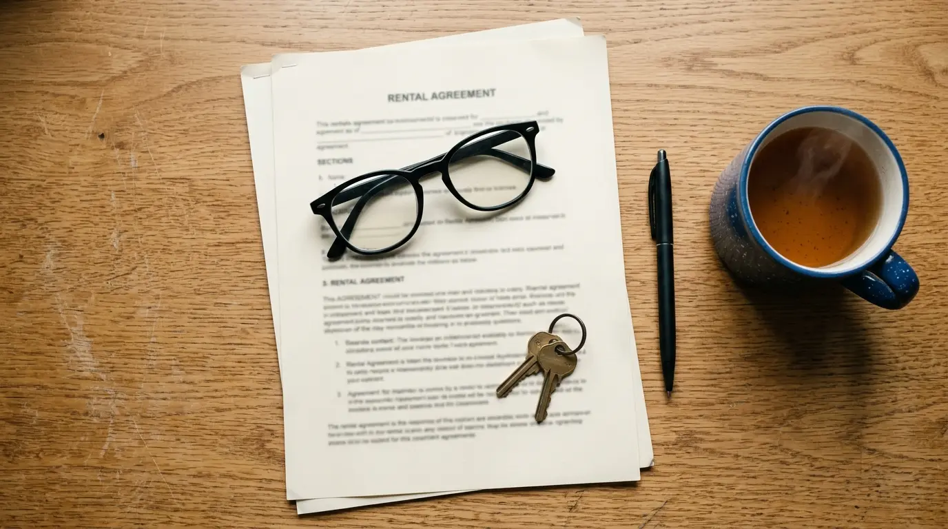 Printed rental agreement, reading glasses, pen and a room key laid out on a desk