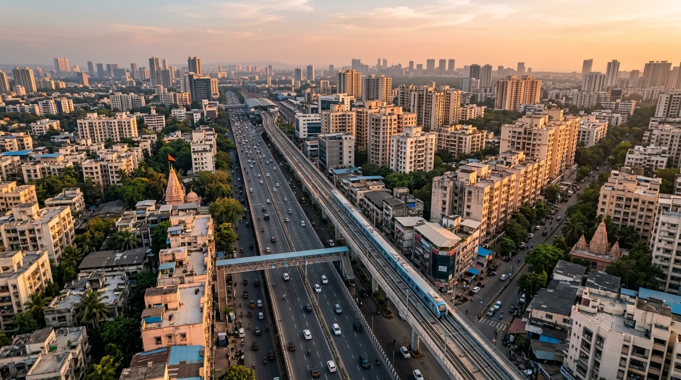 Aerial view of Andheri Mumbai showing the East-West divide with metro connectivity and residential buildings at sunset