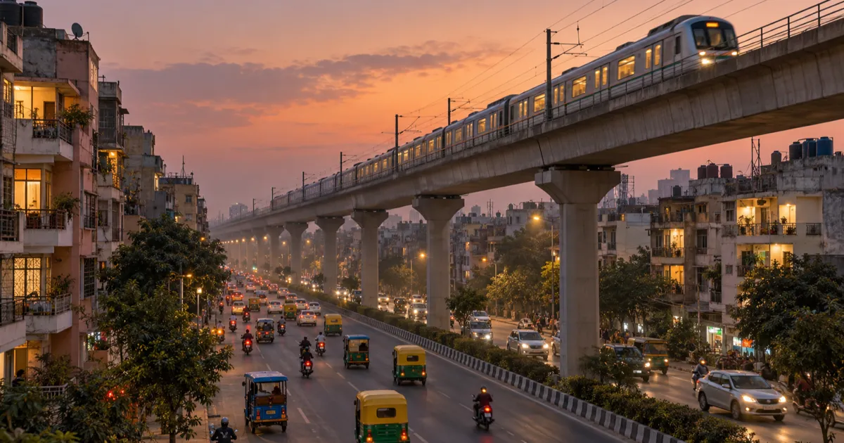 A raised Delhi Metro viaduct running above a wide East Delhi arterial road at dusk, with a pale train crossing overhead and dense four- and five-storey residential buildings with lit balconies on both sides.