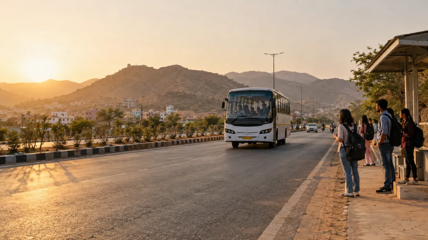 Students wait at a roadside bus shelter as a college bus approaches on a wide road below the Aravalli hills near Jaipur at sunset