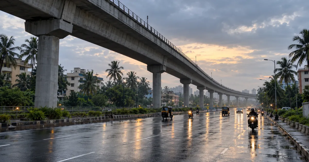 A raised metro viaduct curving over a rain-wet four-lane road in suburban Kochi at dawn, with autorickshaws and two-wheelers below, coconut palms and low apartment blocks on both sides under a grey monsoon sky.