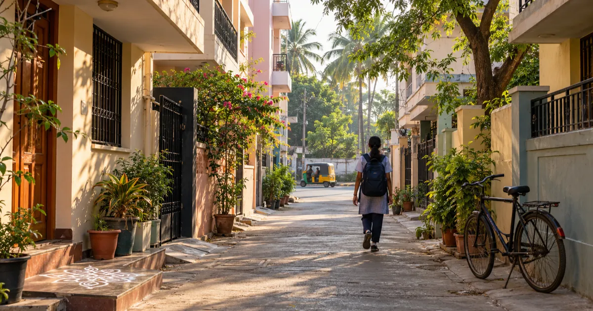 An early-morning residential lane in south Chennai with two- and three-storey houses, a white rice-flour kolam on a doorstep, a parked bicycle and a student with a backpack walking away toward a main road where an auto rickshaw passes.