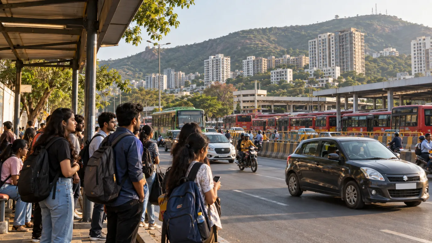 Students with backpacks wait at a busy bus stop with city buses and hillside apartment towers behind on a Pune road