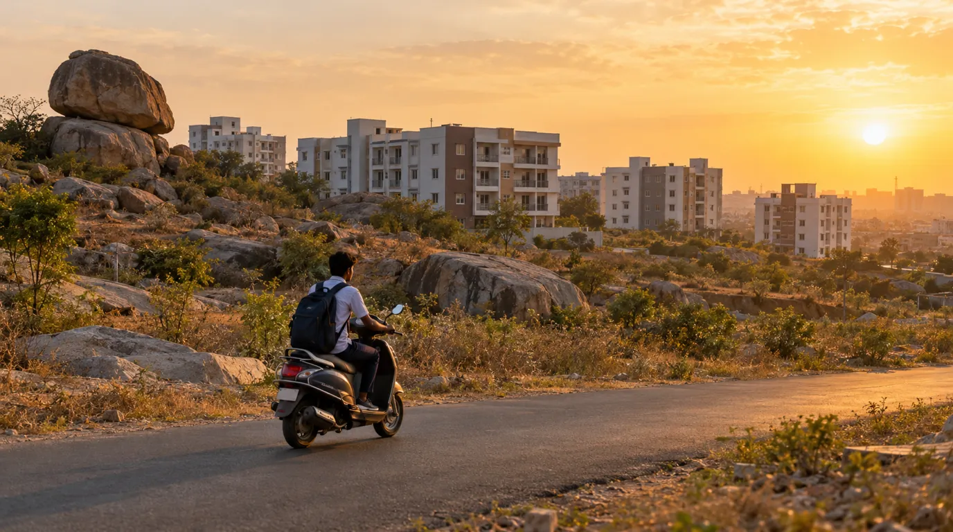 A student rides a scooter along a road past granite boulders and new apartment blocks on the outskirts of Hyderabad at sunset