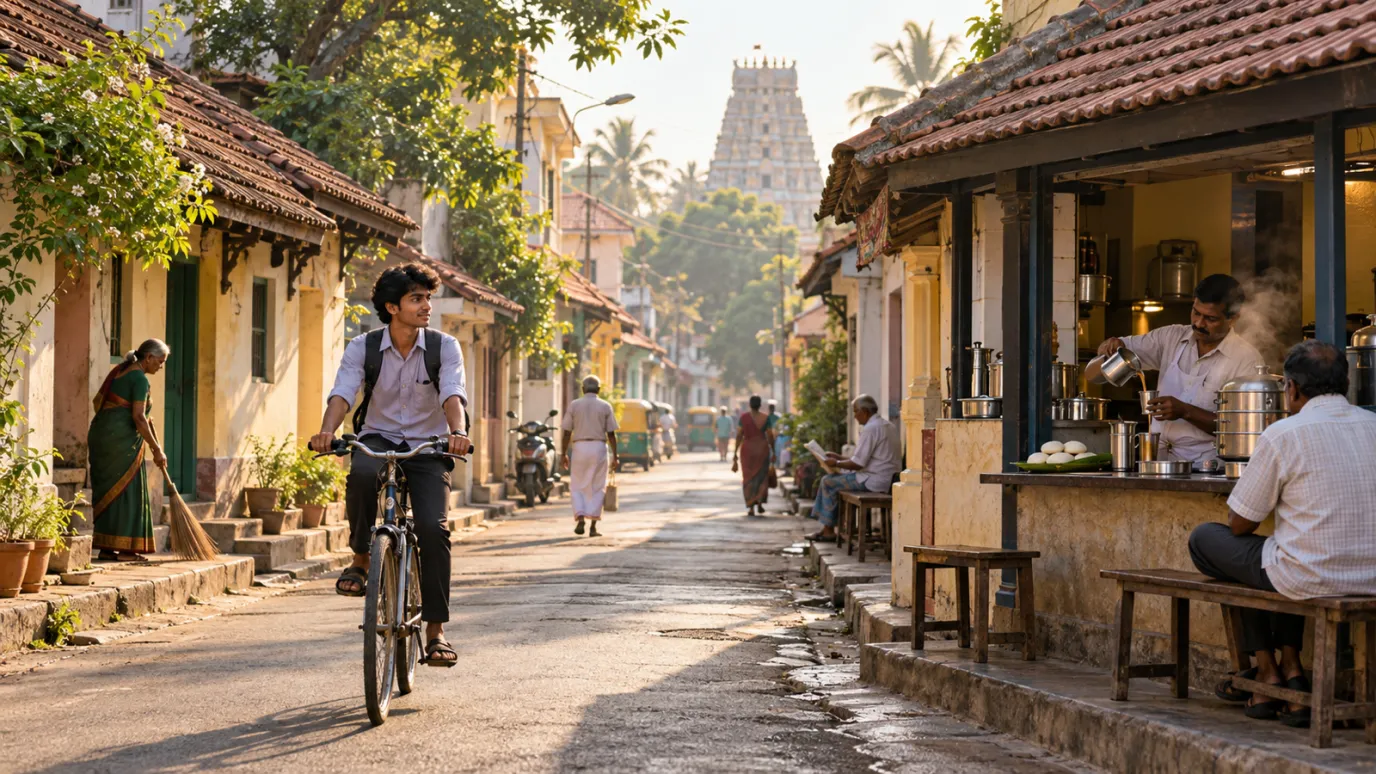 A student cycles down a tiled-roof lane past a tea stall, with a temple tower in the distance in old Bangalore