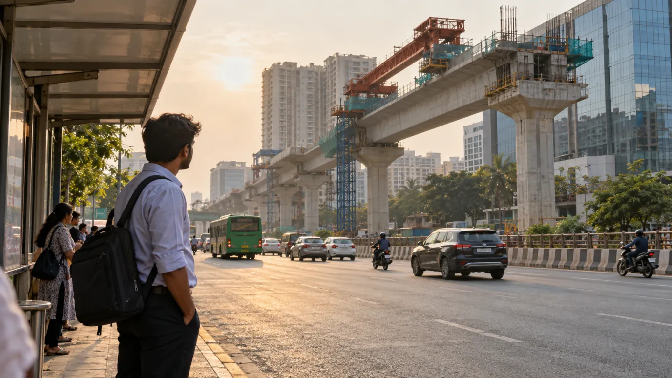 A student with a backpack waits at a bus stop beside an elevated metro line under construction on a Bangalore road at sunrise