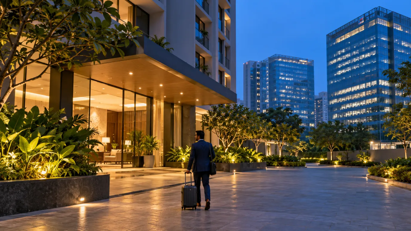 A traveller with a suitcase walks past a lit serviced-apartment entrance among glass office towers at dusk in Hyderabad