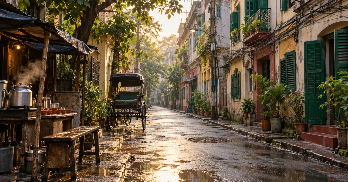 A narrow south Kolkata residential lane in early morning with green-shuttered old houses, a parked cycle rickshaw and a tea stall with clay cups and a steaming kettle on a rain-wet road.