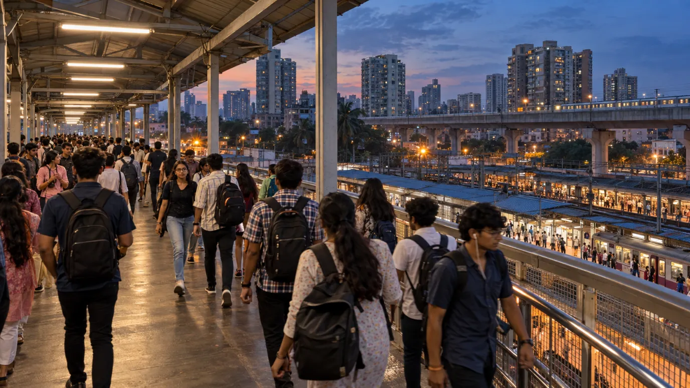 Students crowd a covered railway foot overbridge above local train platforms, with high-rises behind at dusk in Mumbai