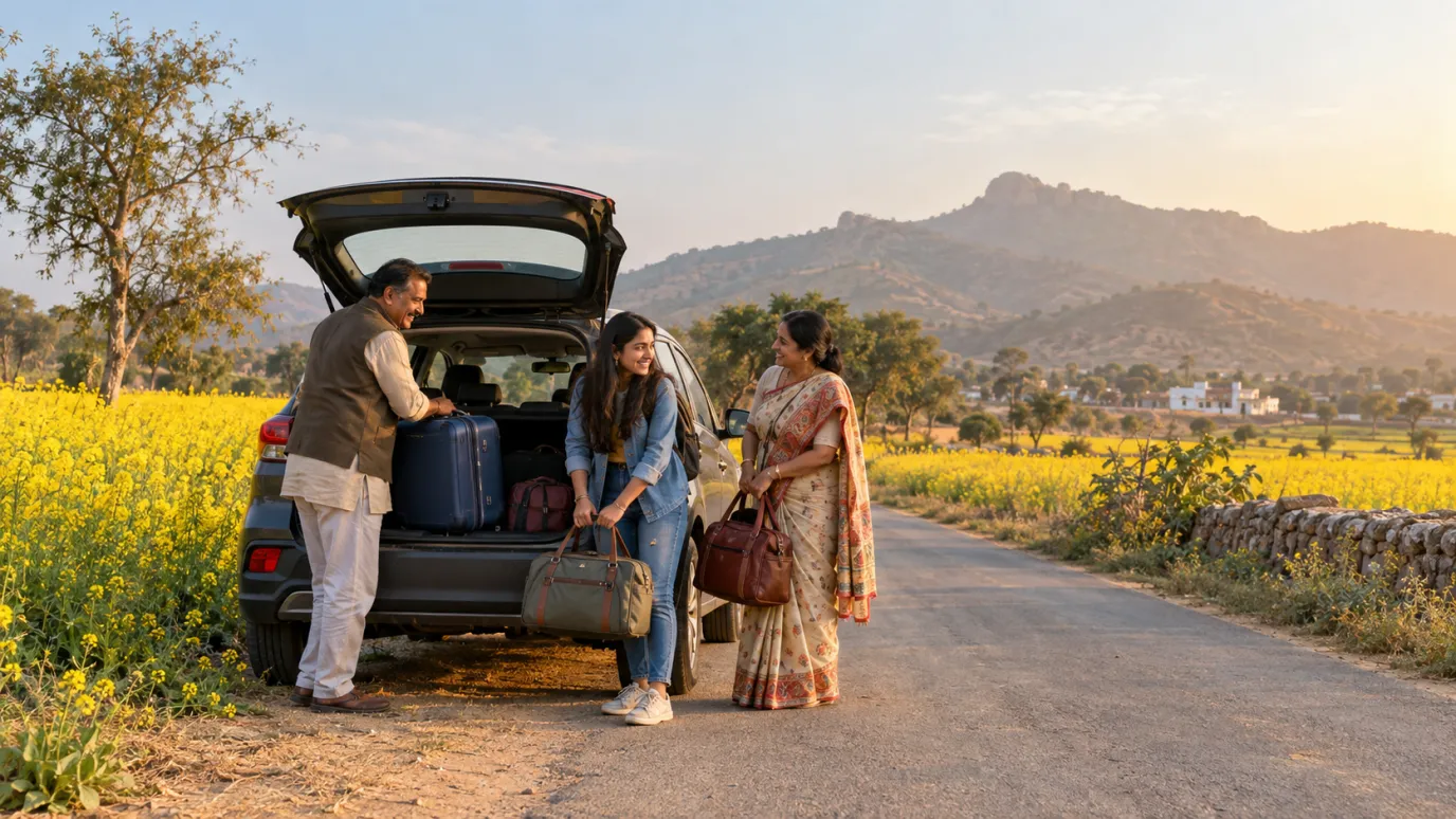 A student and her parents unload luggage from a car beside mustard fields, with the Aravalli hills behind near Jaipur