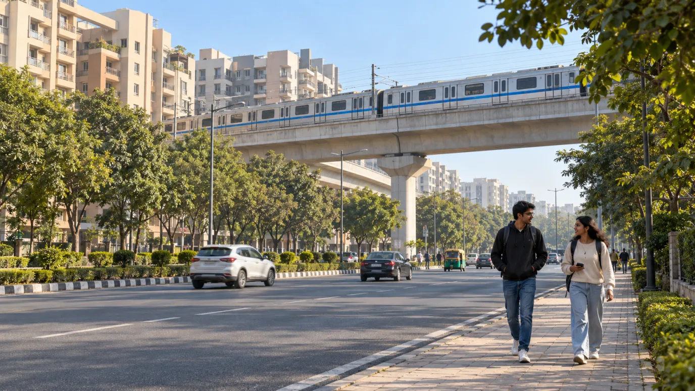 Two students walk along a tree-lined pavement beside an elevated metro line and apartment towers in Dwarka, Delhi