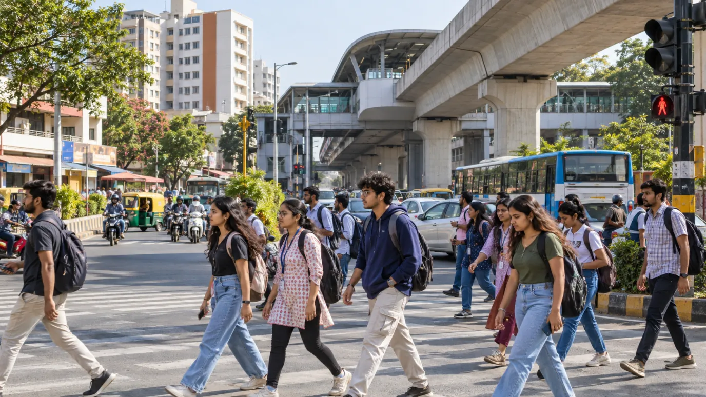 Students cross a busy junction below an elevated metro station, with a city bus behind in Bangalore