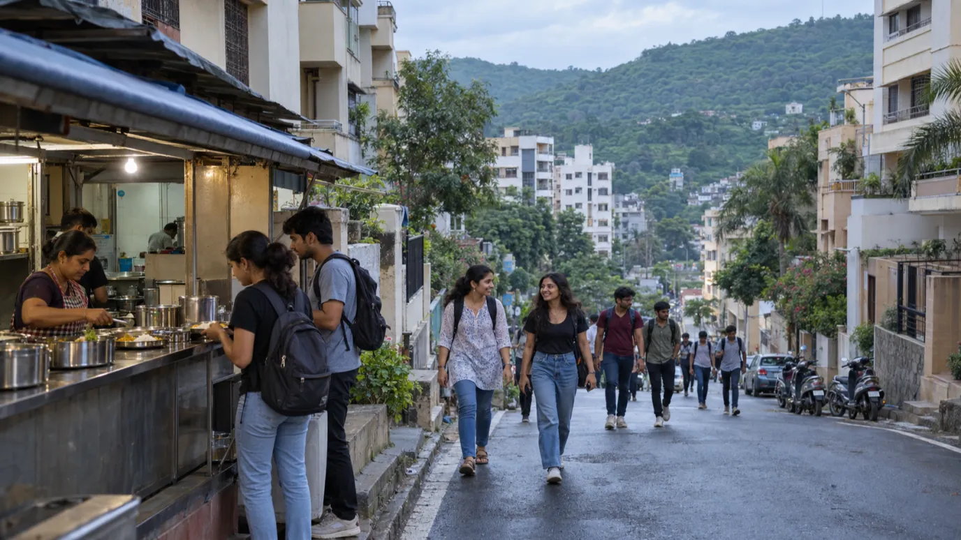 Students buy snacks at a roadside stall on a hillside street lined with apartment buildings in Pune after rain