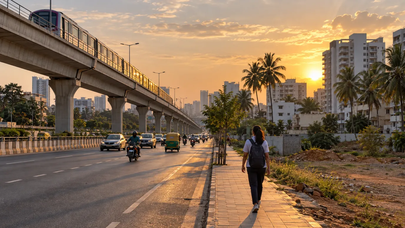 A student walks along a roadside path beside an elevated metro line at sunset on Mysore Road, Bangalore