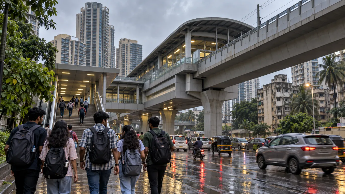 Students with backpacks walk away from an elevated metro station on a rain-soaked road with high-rises in Andheri, Mumbai