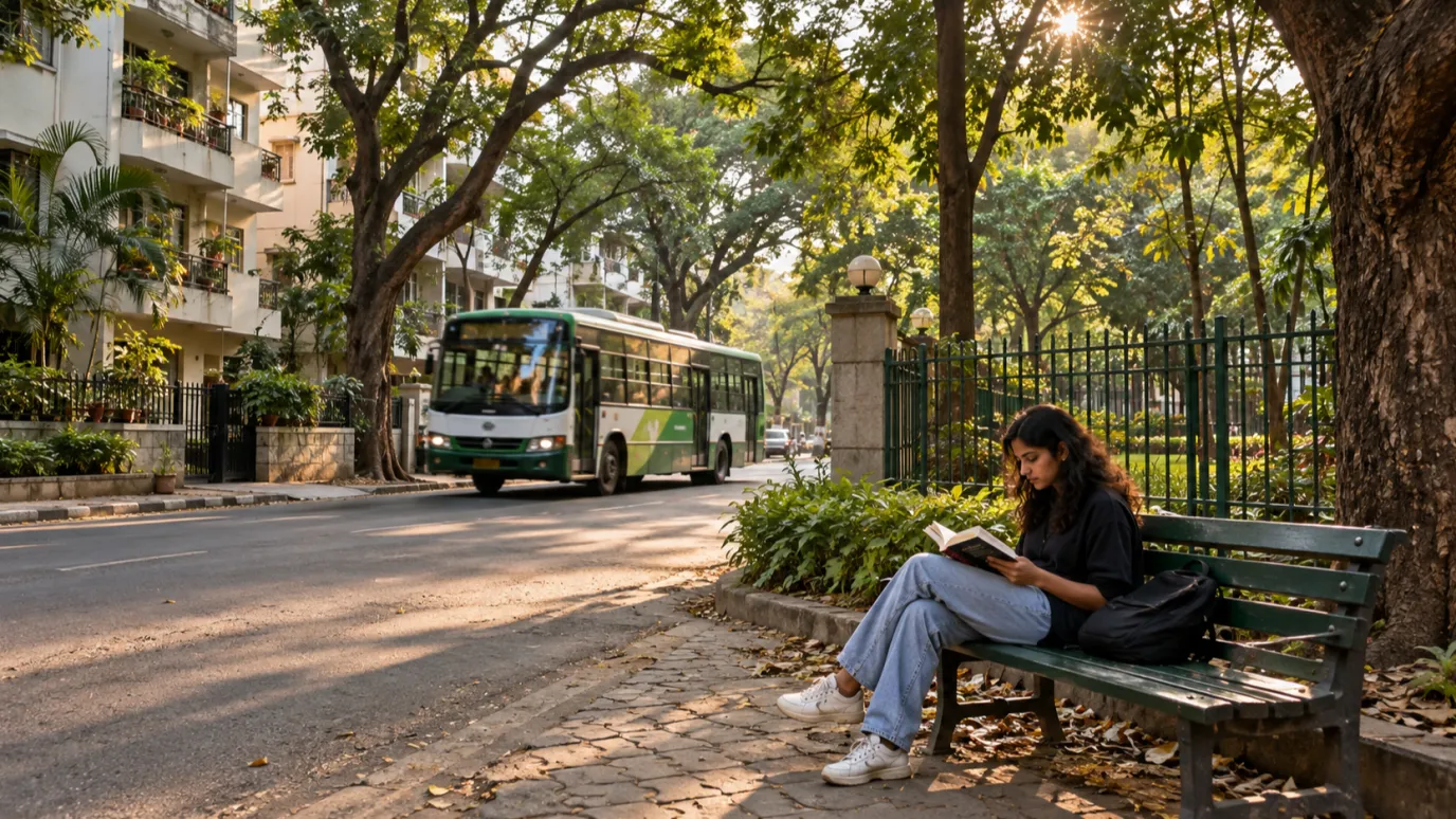A student reads on a park bench under large shade trees as a city bus passes on a leafy road in Pune