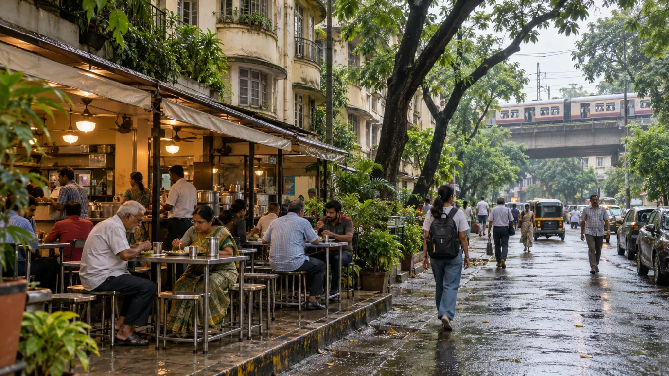 A student walks past a busy pavement cafe on a rain-wet street, with a local train bridge behind in Matunga, Mumbai