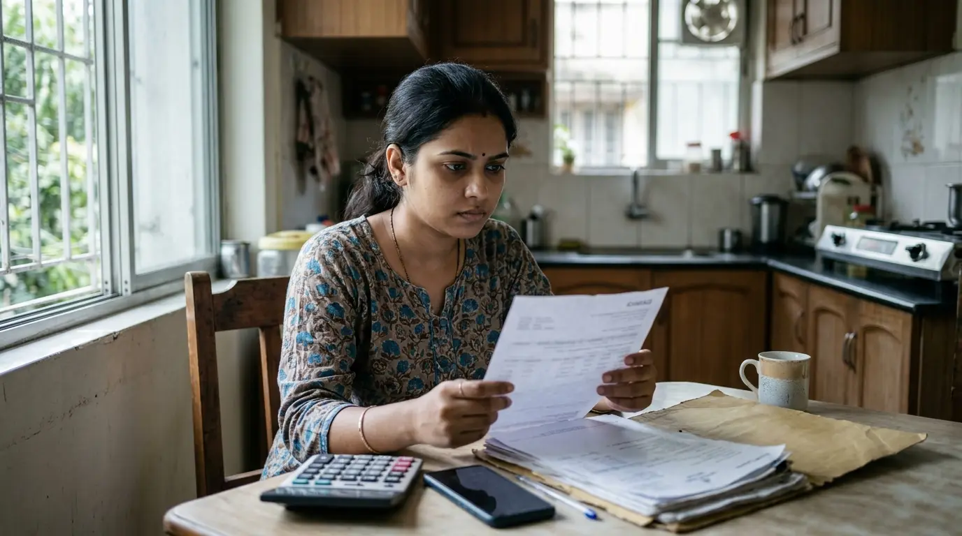 Tenant reviewing a printed document with a calculator and folder while pursuing a deposit refund