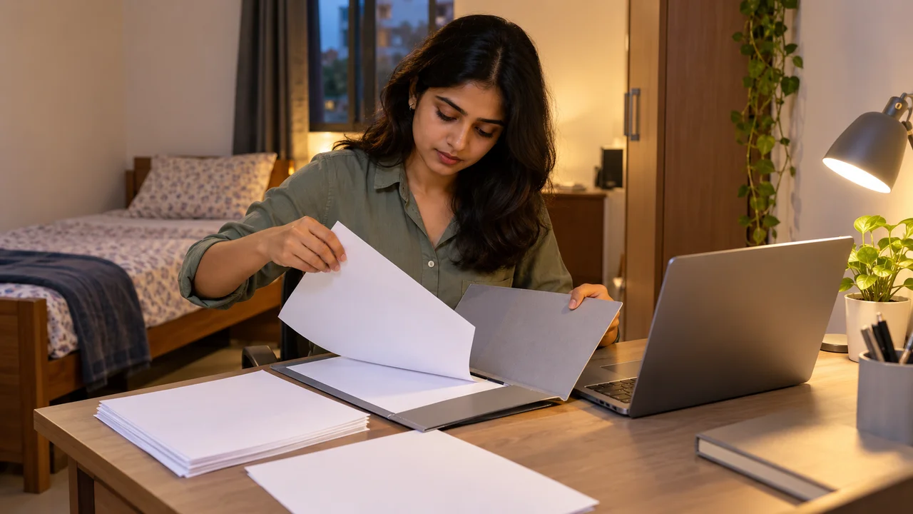 A young working professional sits at a desk in a PG room, sorting printed monthly rent receipts and a rent agreement into a folder beside a laptop.