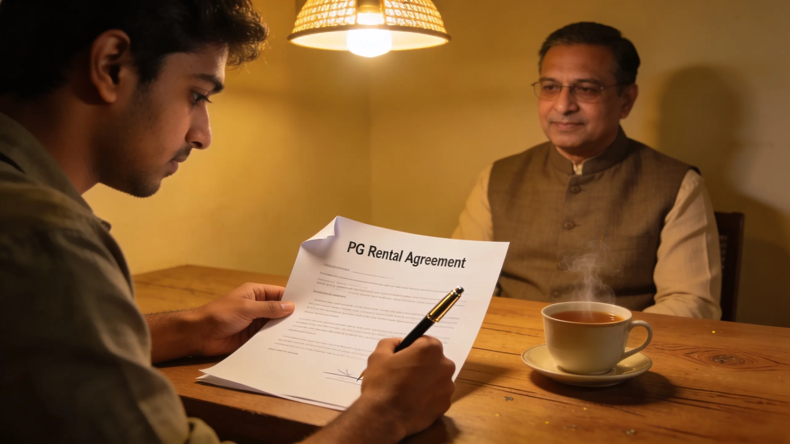 PG rental agreement document on desk with pen and student reviewing clauses in India