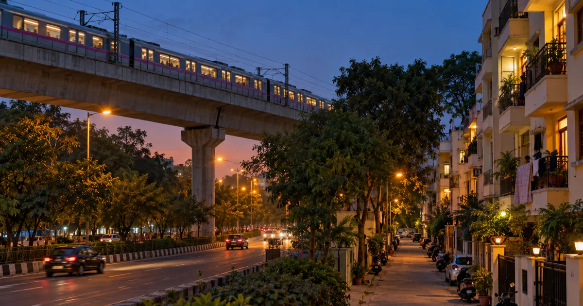 An elevated Delhi Metro viaduct with a train crossing at dusk above a tree-lined road, beside a narrow residential lane of three and four storey houses with balconies, drying clothes and lit study lamps in the windows.