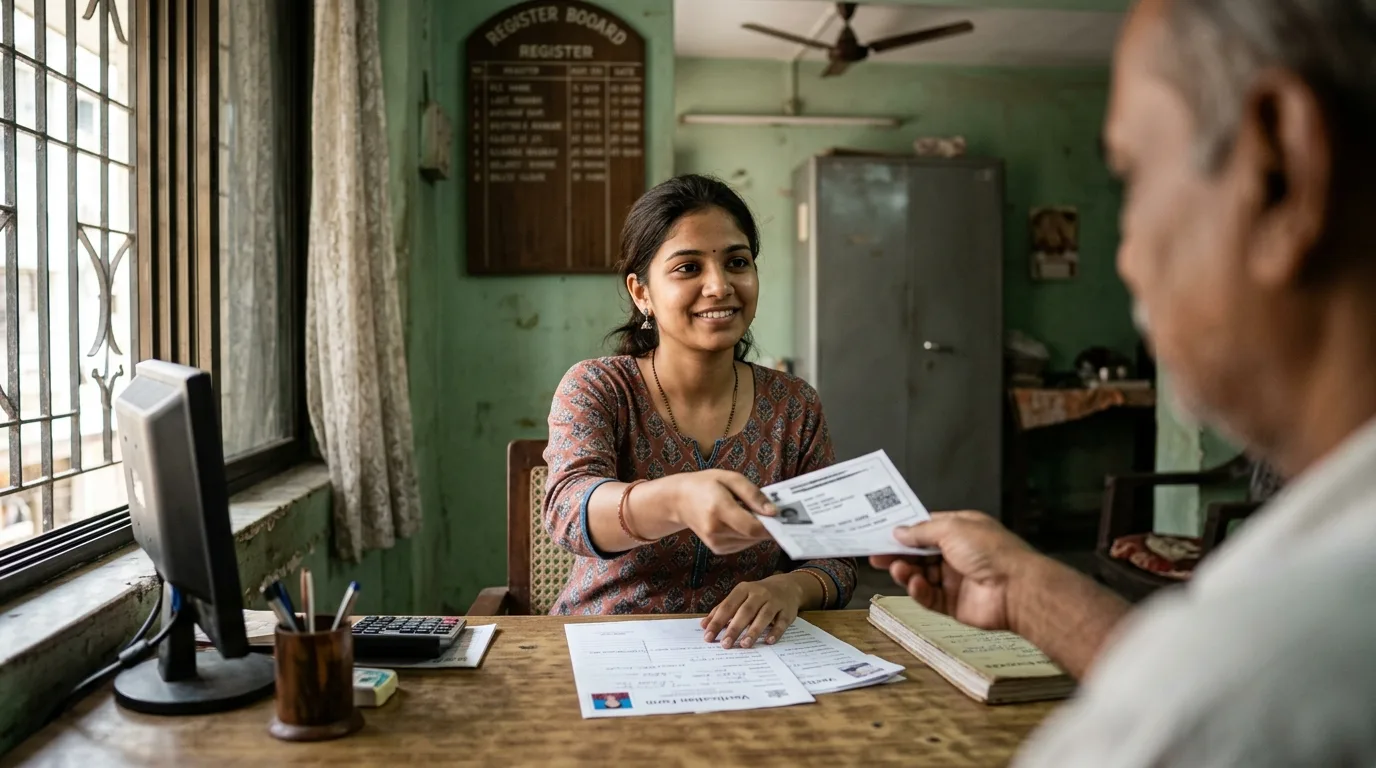 Resident handing a signed photocopy of an ID document across a PG reception desk with a verification form alongside