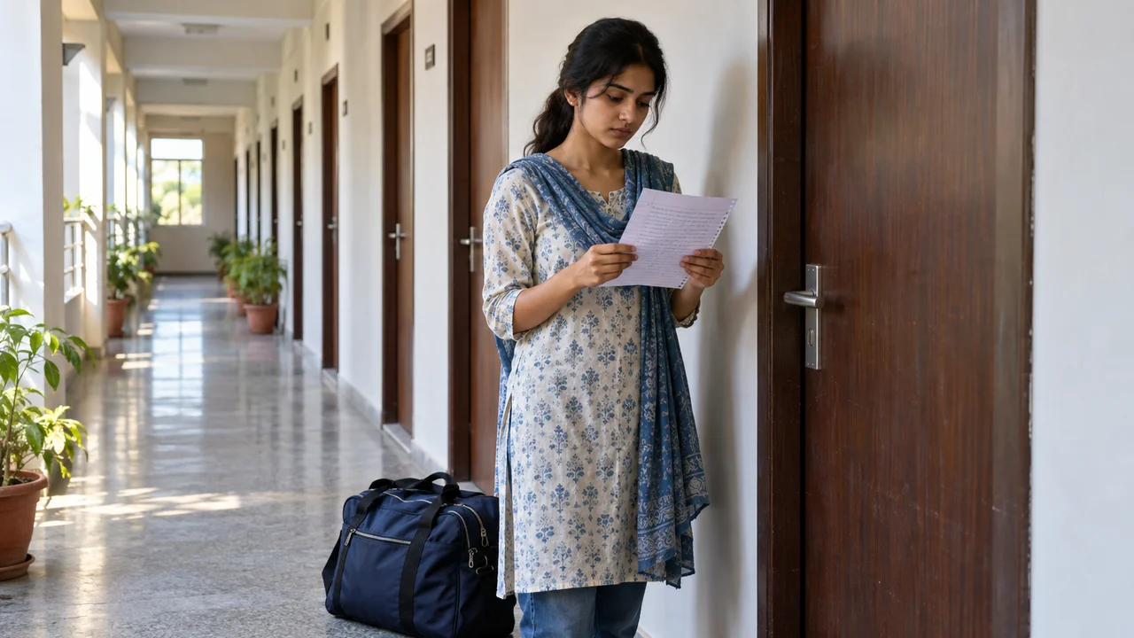 An Indian student stands in a hostel corridor holding a handwritten letter outside the warden's office door, with a packed bag at her feet.