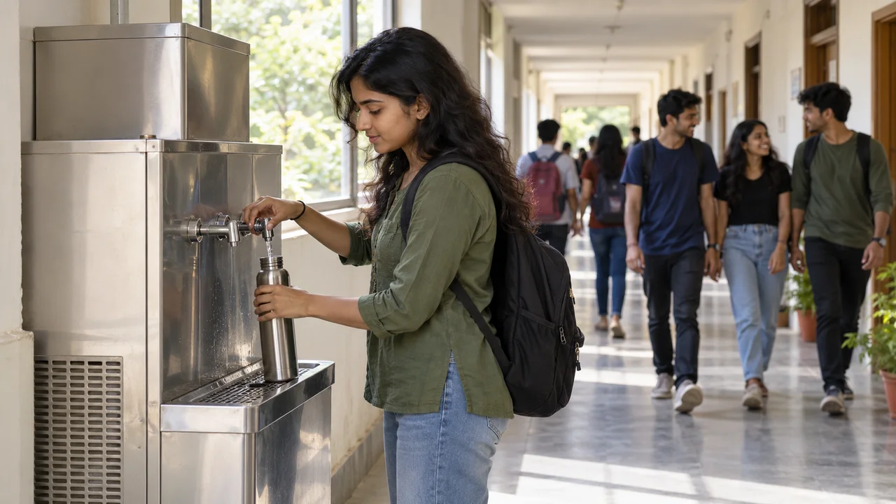 A student fills a steel bottle from a wall-mounted RO water cooler in the corridor of an Indian college hostel.