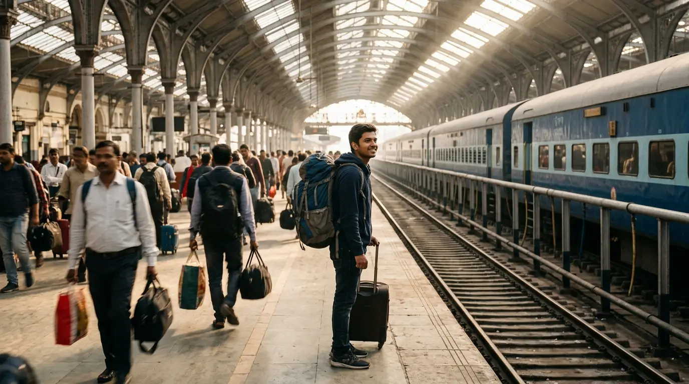 Student arriving with a rucksack and suitcase on an Indian railway platform in morning light