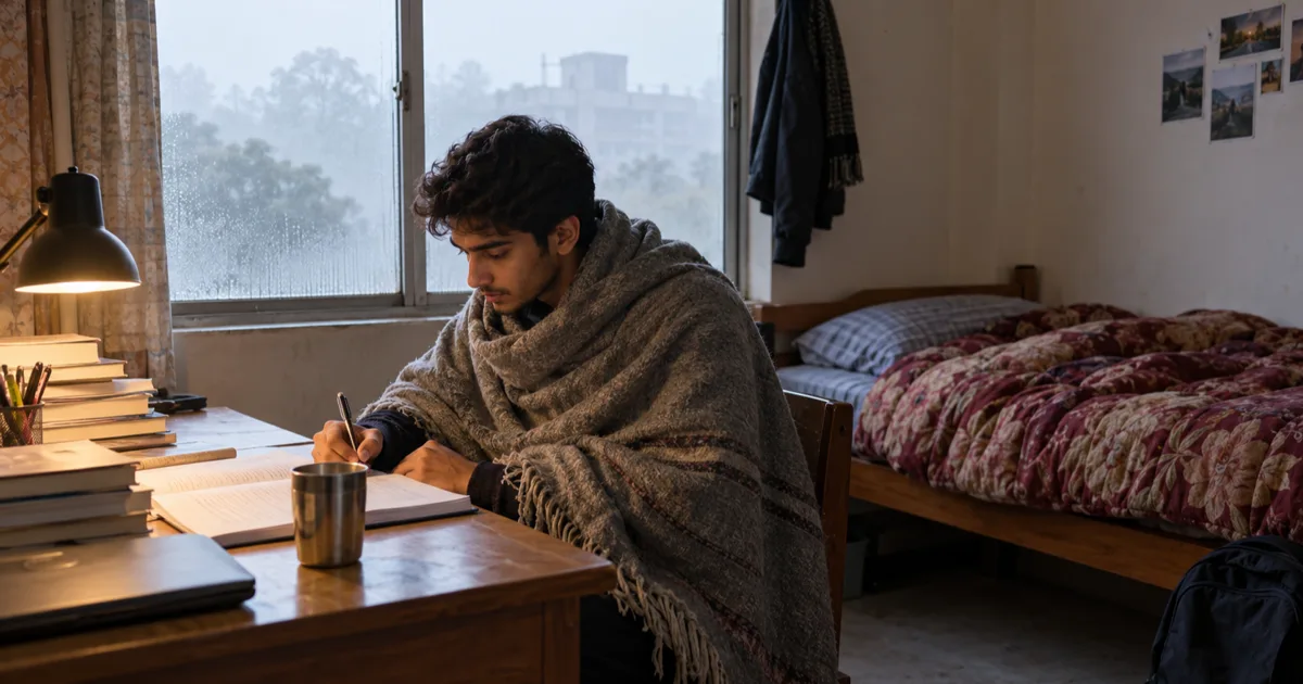 A student wrapped in a grey woollen shawl studies at a wooden desk in a hostel room on a foggy winter morning, with a steel tumbler of tea and a quilt-covered bed behind.