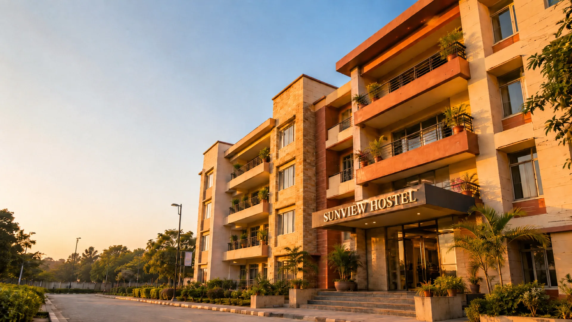 Modern hostel building at golden hour