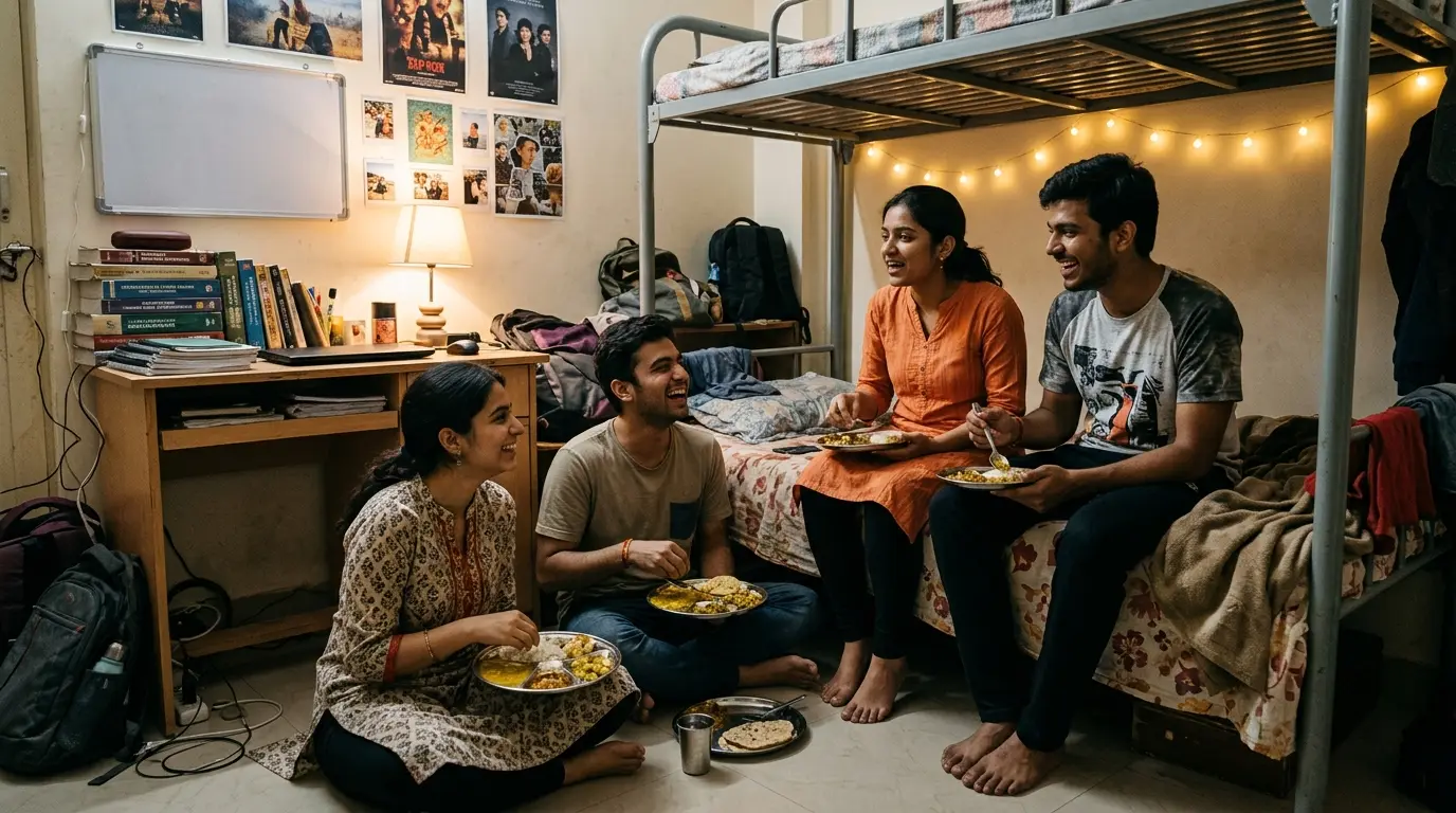 Four students sharing food and conversation in a hostel room under warm evening light