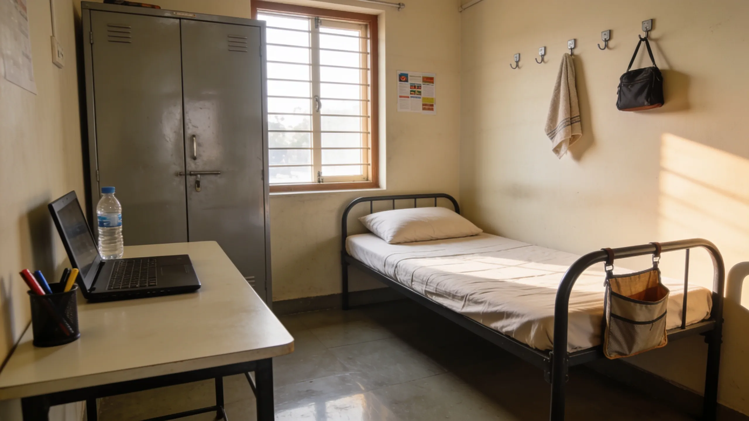 Clean organized hostel room in India with everything in place compared to cluttered room