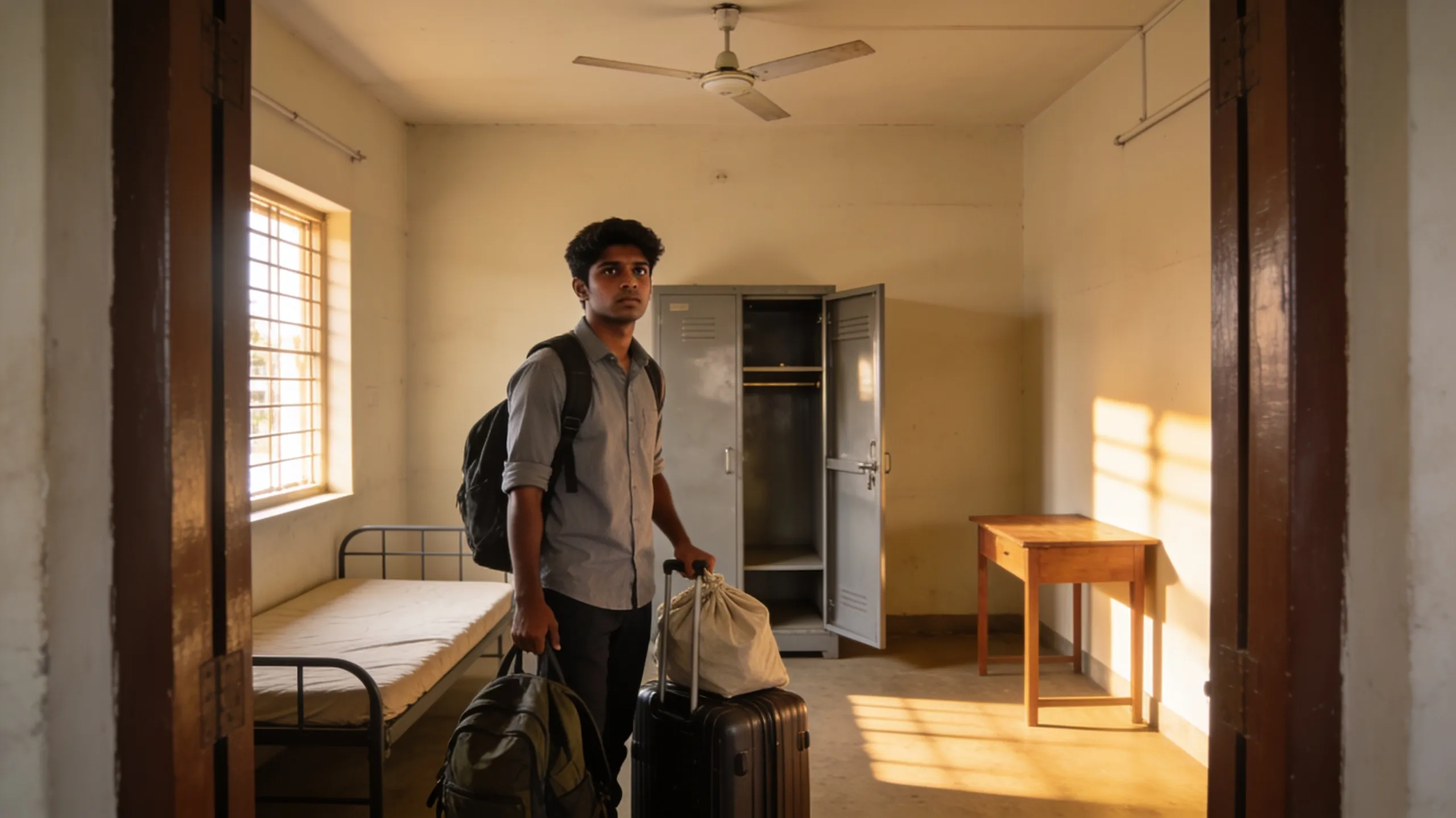 Student arriving at hostel room on first day with bags and suitcase in India