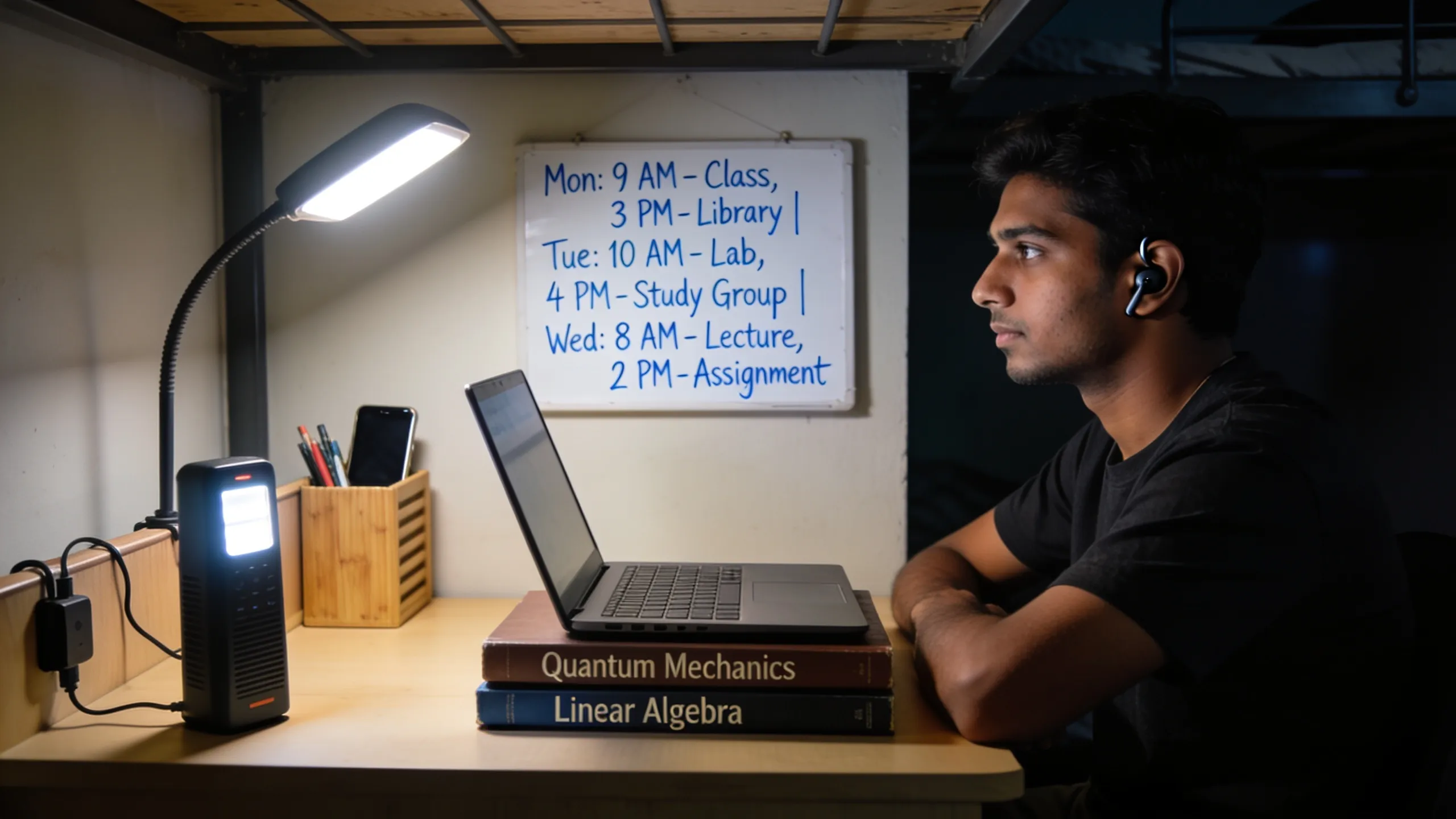 Student studying at organized hostel room desk corner with lamp and whiteboard at night
