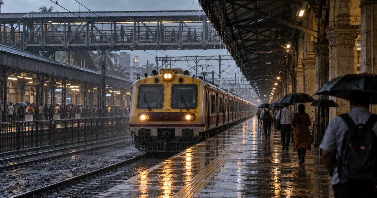 A crowded Mumbai suburban train pulling into a wet Dadar platform during monsoon rain, with commuters under umbrellas and a footbridge overhead in grey evening light.