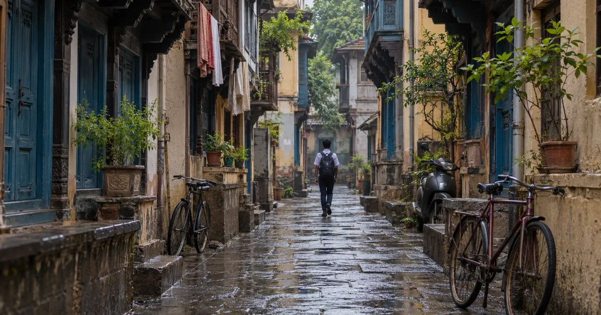 A narrow old Pune peth lane at early morning with three-storey houses carrying carved wooden balconies, potted tulsi plants on the ledges, parked bicycles and a student with a backpack walking away down the lane.