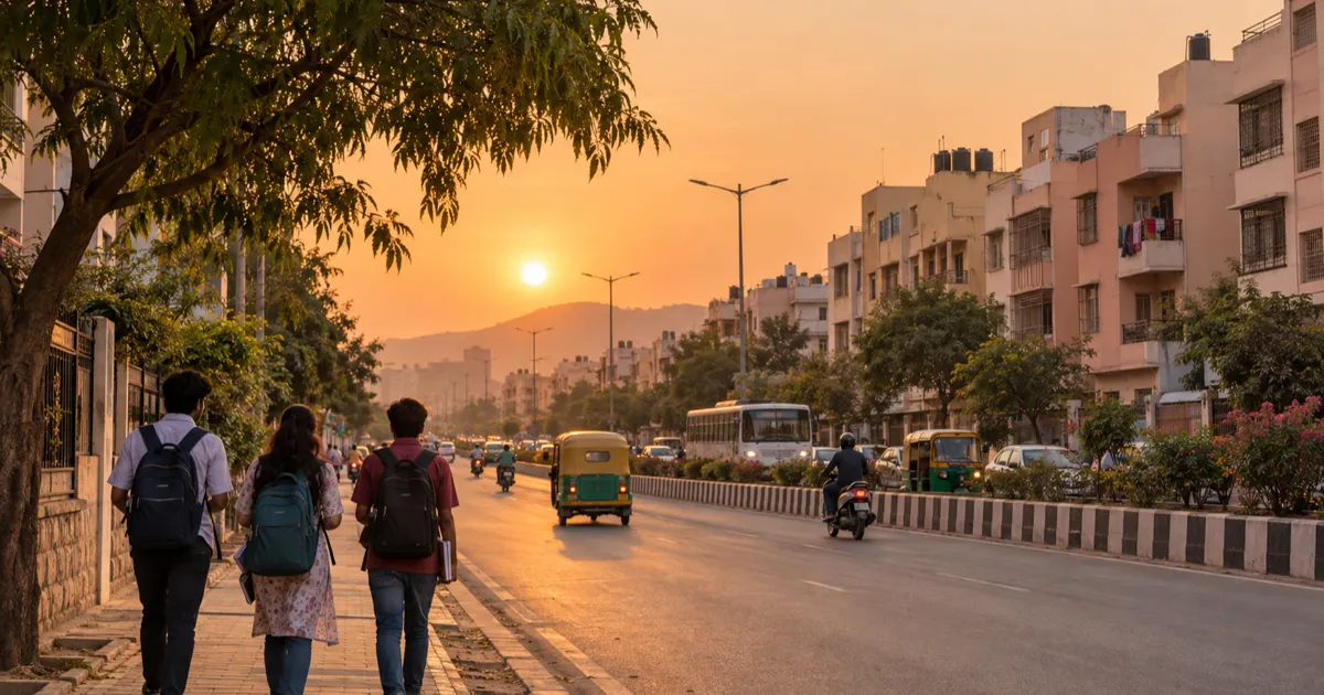 A wide divided bypass road in south Jaipur at sunset, lined with four-storey buildings with balconies and rooftop water tanks, with auto rickshaws and scooters below and students with backpacks walking on the footpath.