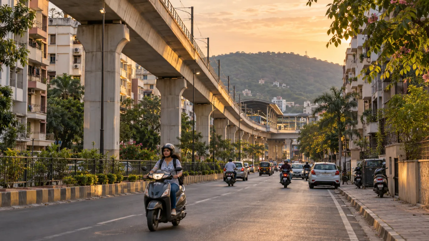 A rider on a scooter passes under an elevated metro line on a tree-lined road, with a hill behind in Kothrud, Pune