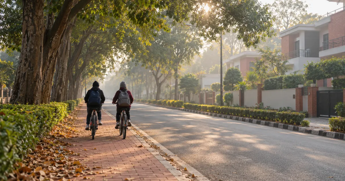 Two students cycling away from the camera on a red cycle track beside a tree-lined Chandigarh sector road on a hazy winter morning, with low houses behind hedges on the right.